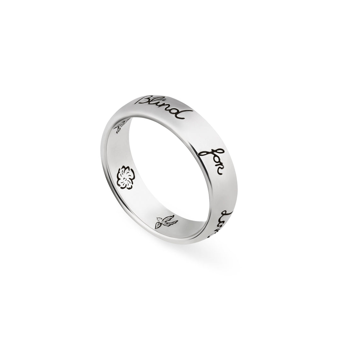 YBC455247001013|GUCCI |BLIND FOR LOVE |Rhodium Plated SIlver 5mm Ring; Size 6.5