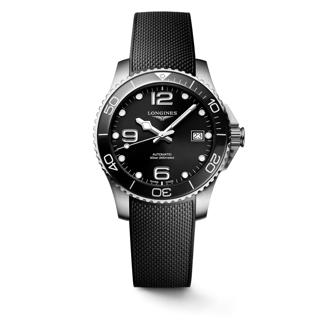 L37804569| Longines | Hydroconquest 39mm Steel Case, Black Dial and Bezel; Black Rubber Bracelet
