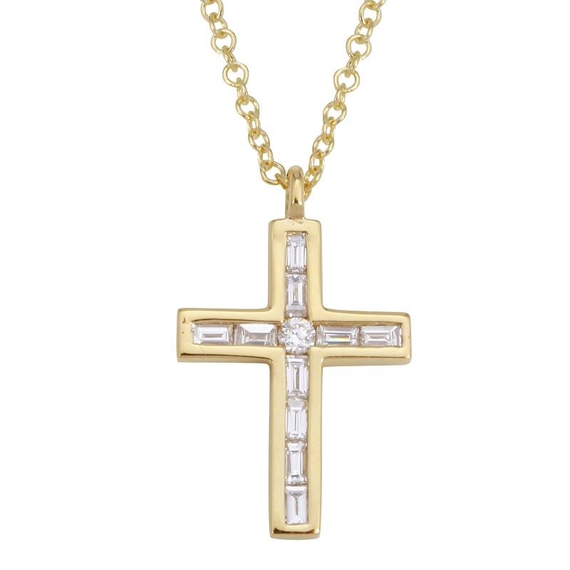 Baguette/Round Diamond Cross Necklace