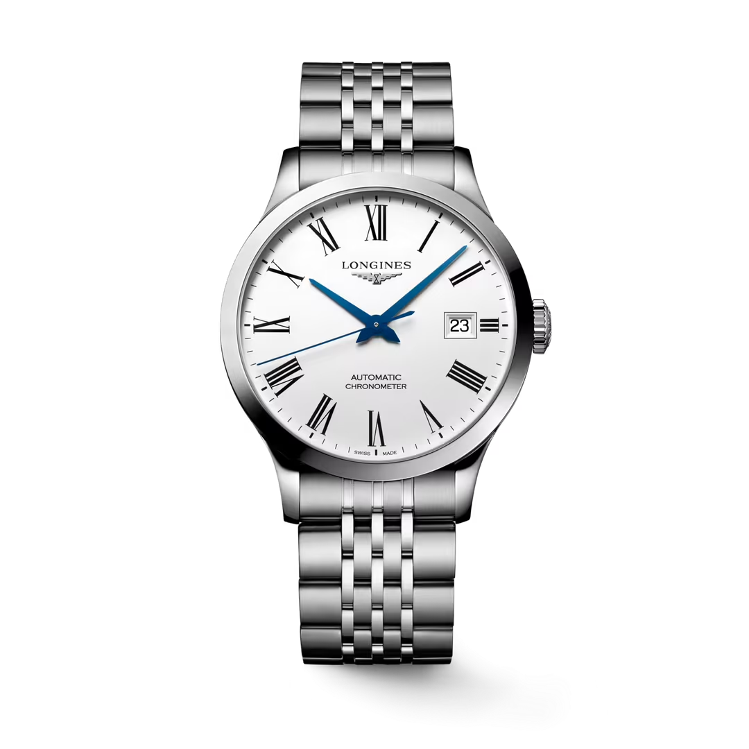 L28204116| Longines | Record 38.5mm Steel Watch, White Roman Dial; Auto
