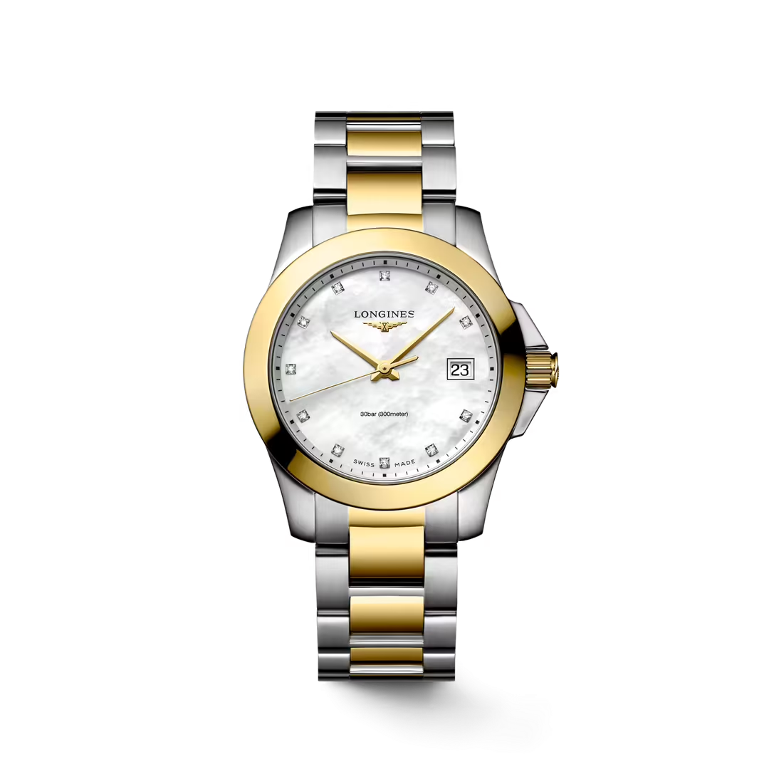 L33773877| Longines | Conquest 34mm Steel and Yellow PVD Watch; White MOP Diamond Dial; Quartz