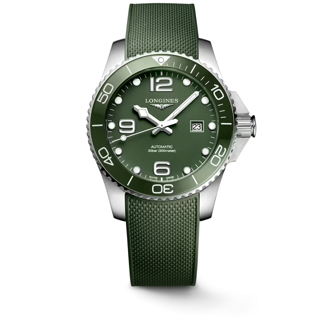 L37824069| Longines | Hydroconquest 43mm Steel Case Green Ceramic Bezel, Green dial, Green Rubber Strap