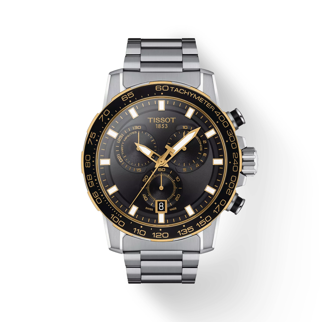 T1256172105100|TISSOT |SUPERSPORT CHRONO |45.5mm Steel Case with Yellow Gold PVD Coating, Steel Bracelet; Black Dial; Black Bezel; Quartz