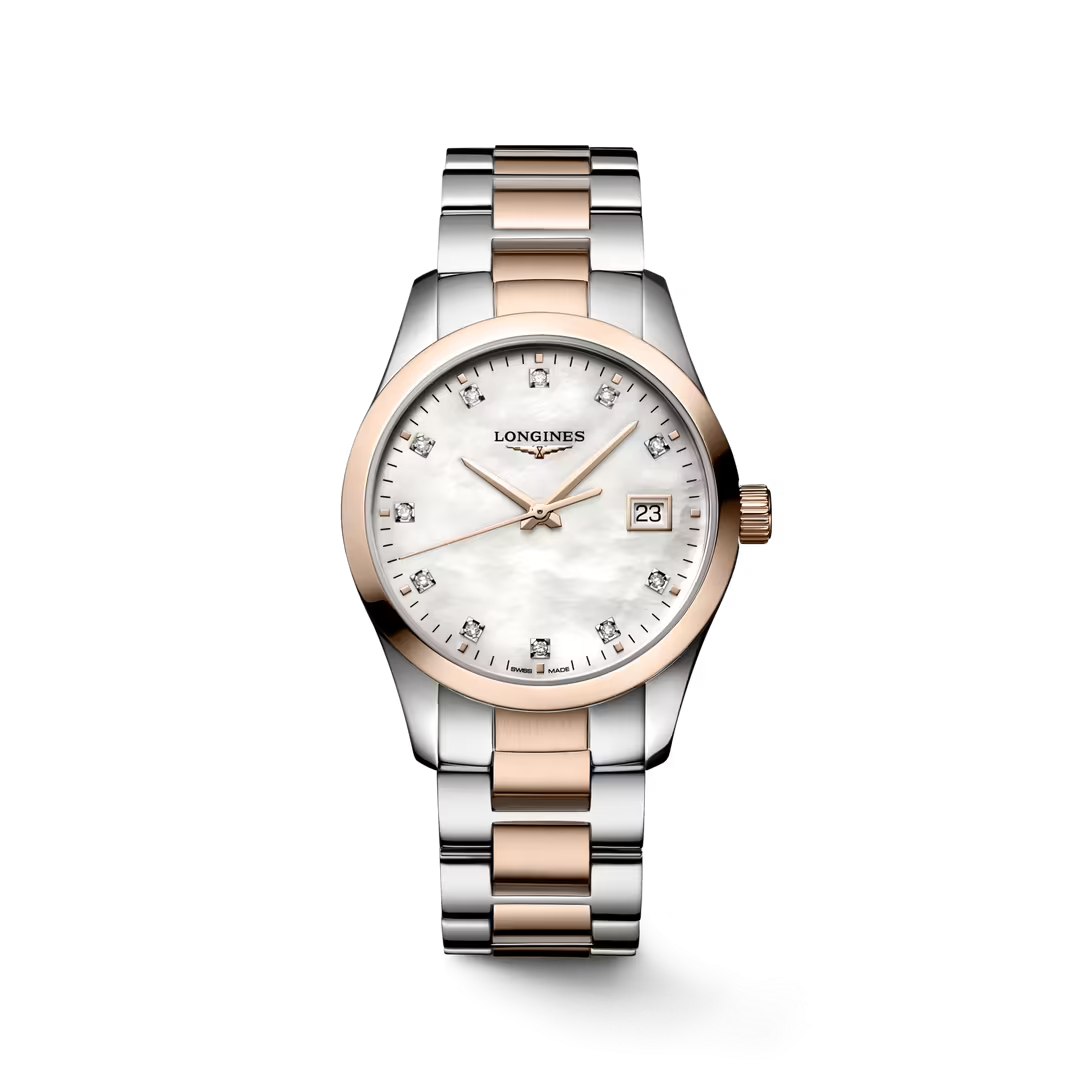 L23863877| Longines | Conquest Classic 34mm Steel and PVD Rose Watch; White MOP Diamond Dial; Quartz