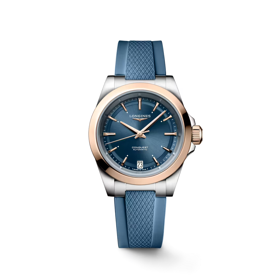 L34305929| Longines | Conquest 34mm Steel Case and 18K Pink Gold Bezel; Blue Index Dial; Blue Rubber Strap; Automatic