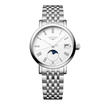 L43304116 | Longines | Elegant 30mm Steel Watch, MoonPhase White Roman Dial