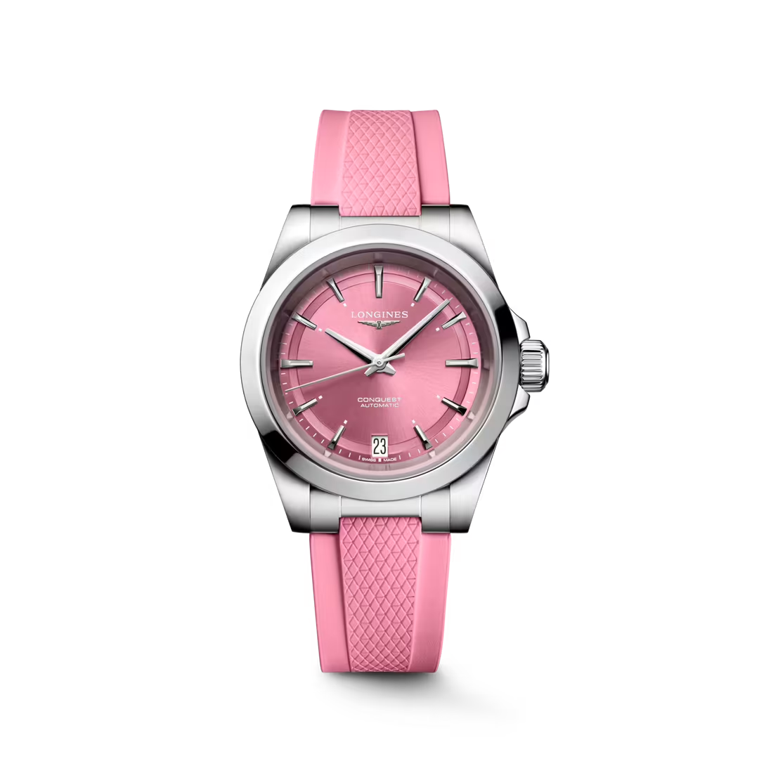 L34304999| Longines | Conquest 34mm Steel Case, Pink Dial, Pink Rubber Bracelet; Automatic