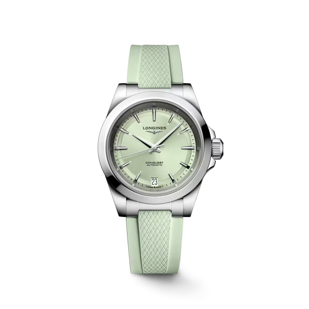 L34304029 | Longines | Conquest 34mm Steel Case; Mint Green Index Dial; Mint Green Rubber Strap; Automatic