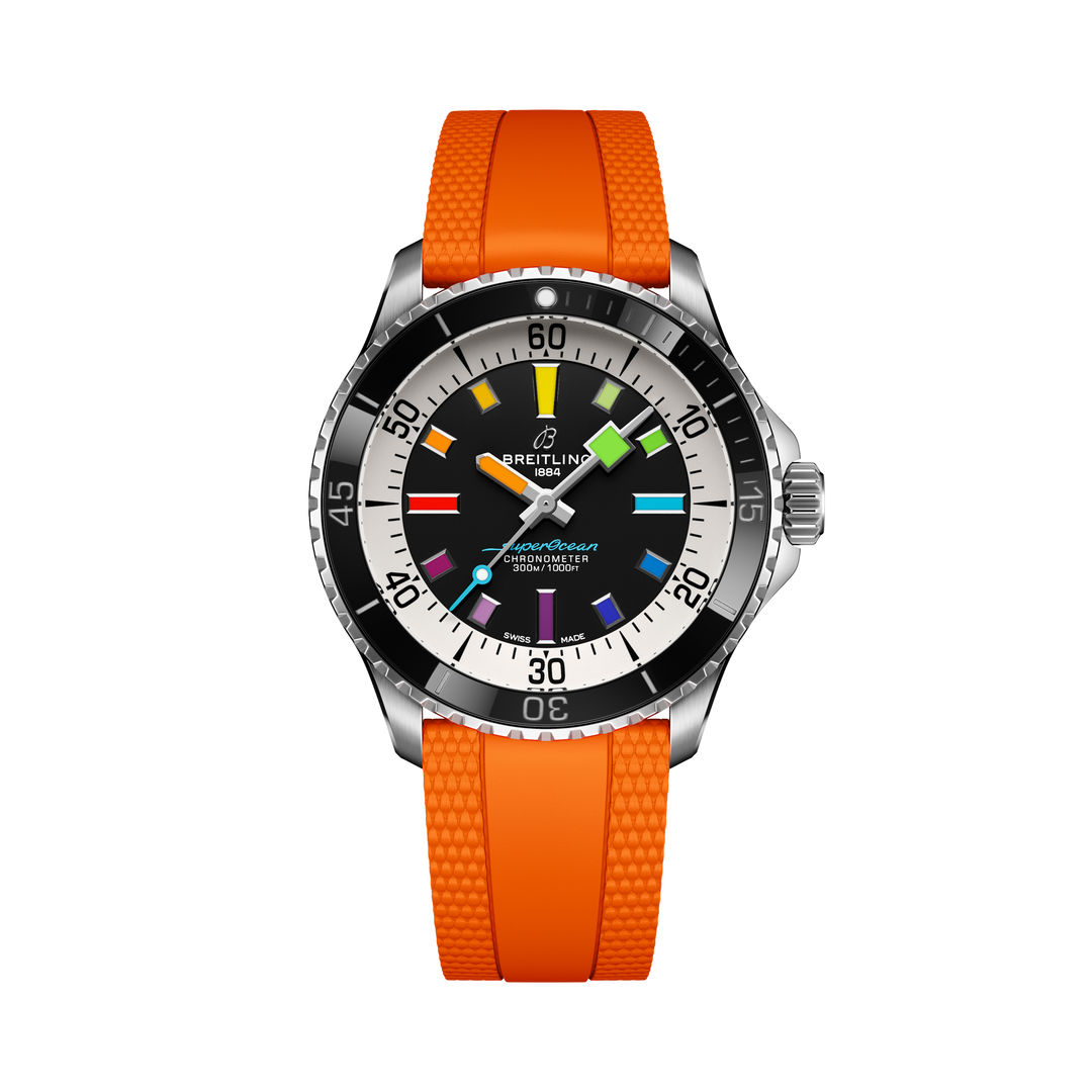 A17375211B2S3|BREITLING |SUPEROCEAN II AUTOMATIC 42 |Steel Case; Rainbow Index Black Dial; Orange Strap with Folding Claspuckle