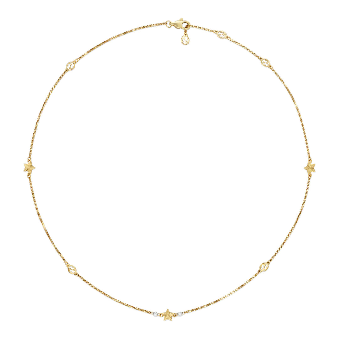 YBB67911600100|GUCCI |INTERLOCKING G |18K Yellow Gold Necklace GG & Stars, with 2 Diamonds