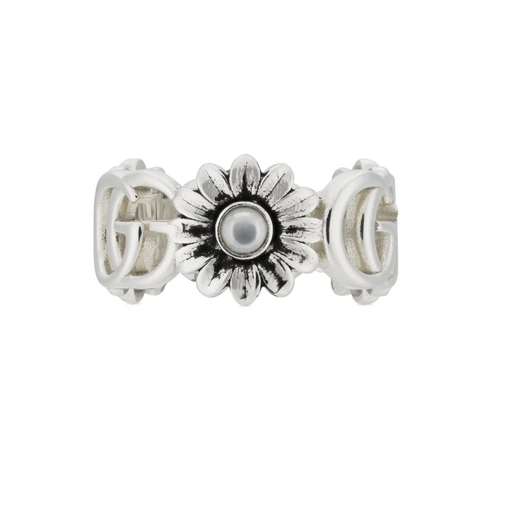 GG Marmont Silver Flower and Mother of Pearl Ring