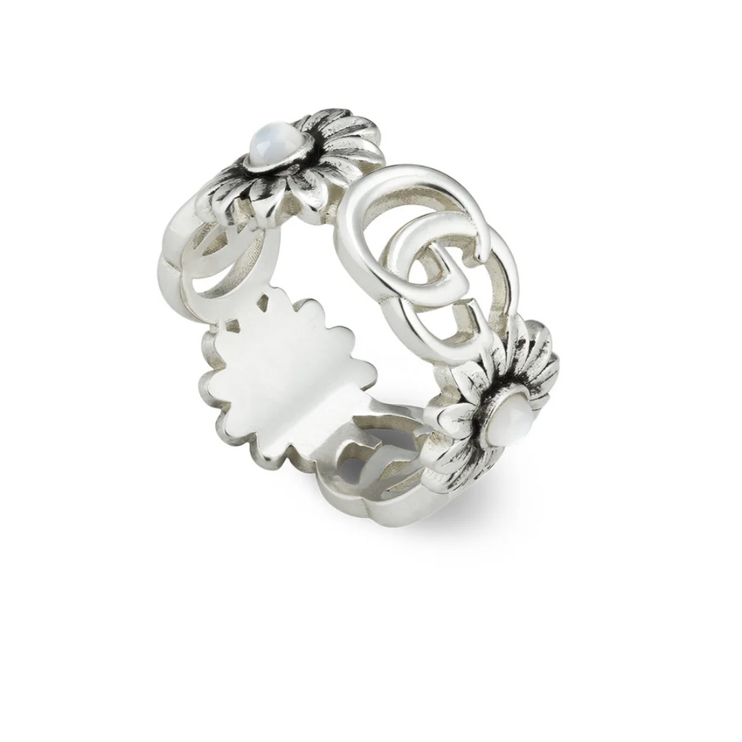 GG Marmont Silver Flower and Mother of Pearl Ring