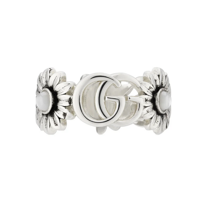 GG Marmont Silver Flower and Mother of Pearl Ring