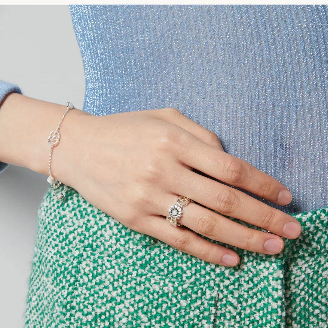 GG Marmont Silver Flower and Mother of Pearl Ring