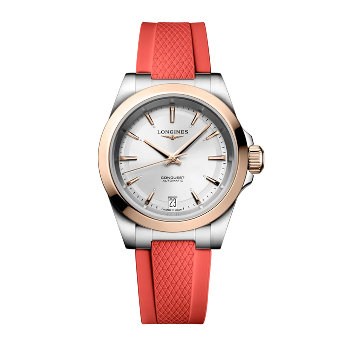 Longines Conquest Automatic watch with coral strap and rose gold accents