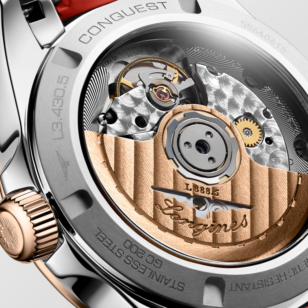 Luxury Conquest watch with visible mechanical movement and rose gold accents