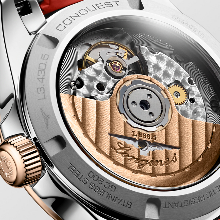 Luxury Conquest watch with visible mechanical movement and rose gold accents