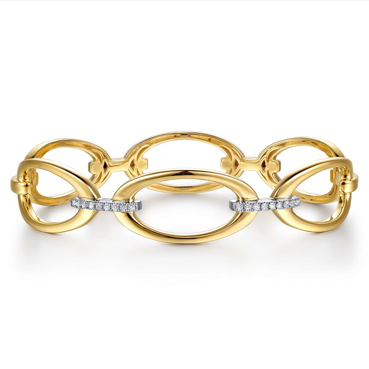 14K White Yellow Gold Diamond Oval Link Closed Bangle Bracelet
