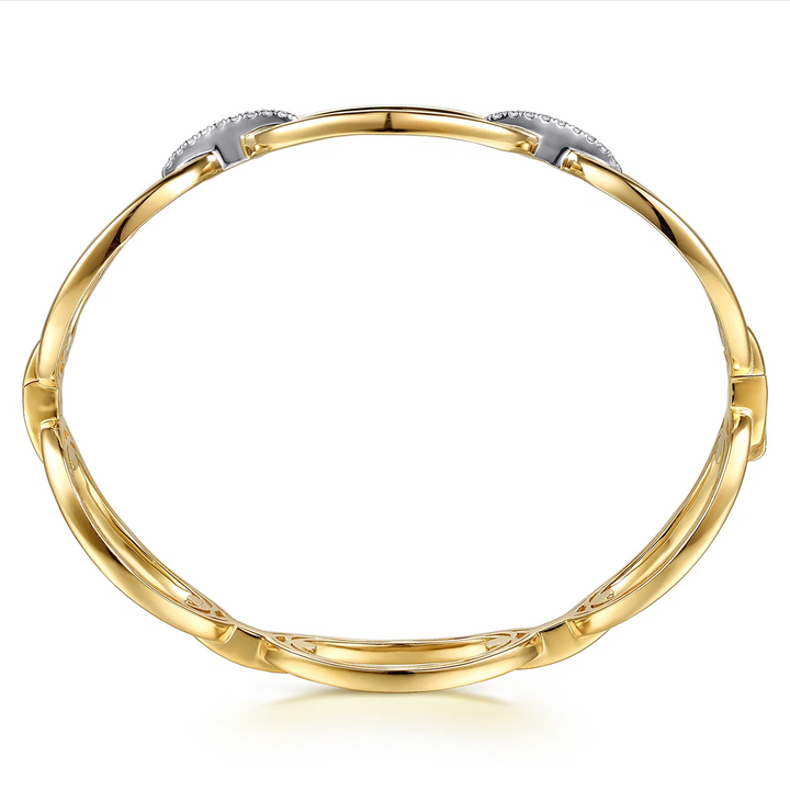 14K White Yellow Gold Diamond Oval Link Closed Bangle Bracelet