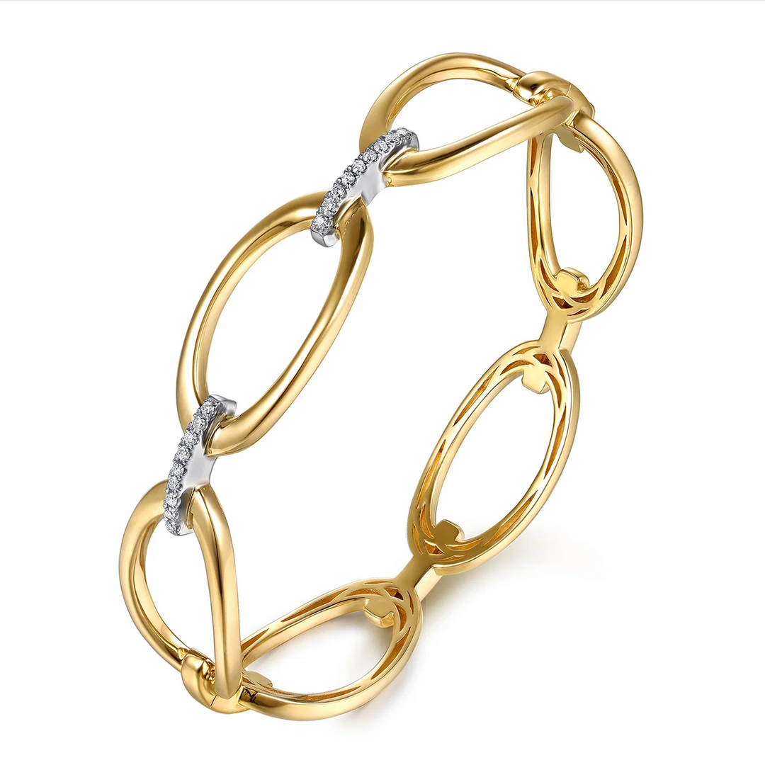 14K White Yellow Gold Diamond Oval Link Closed Bangle Bracelet