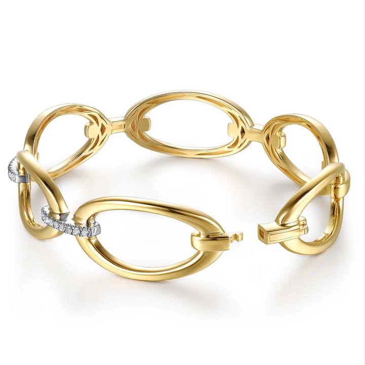 14K White Yellow Gold Diamond Oval Link Closed Bangle Bracelet