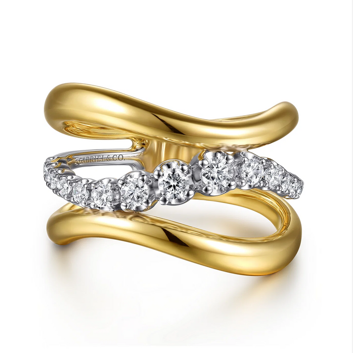 Soraya - 14K White Yellow Gold Diamond Wave Wide Band Ring