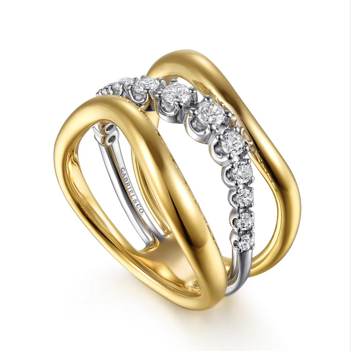 Soraya - 14K White Yellow Gold Diamond Wave Wide Band Ring