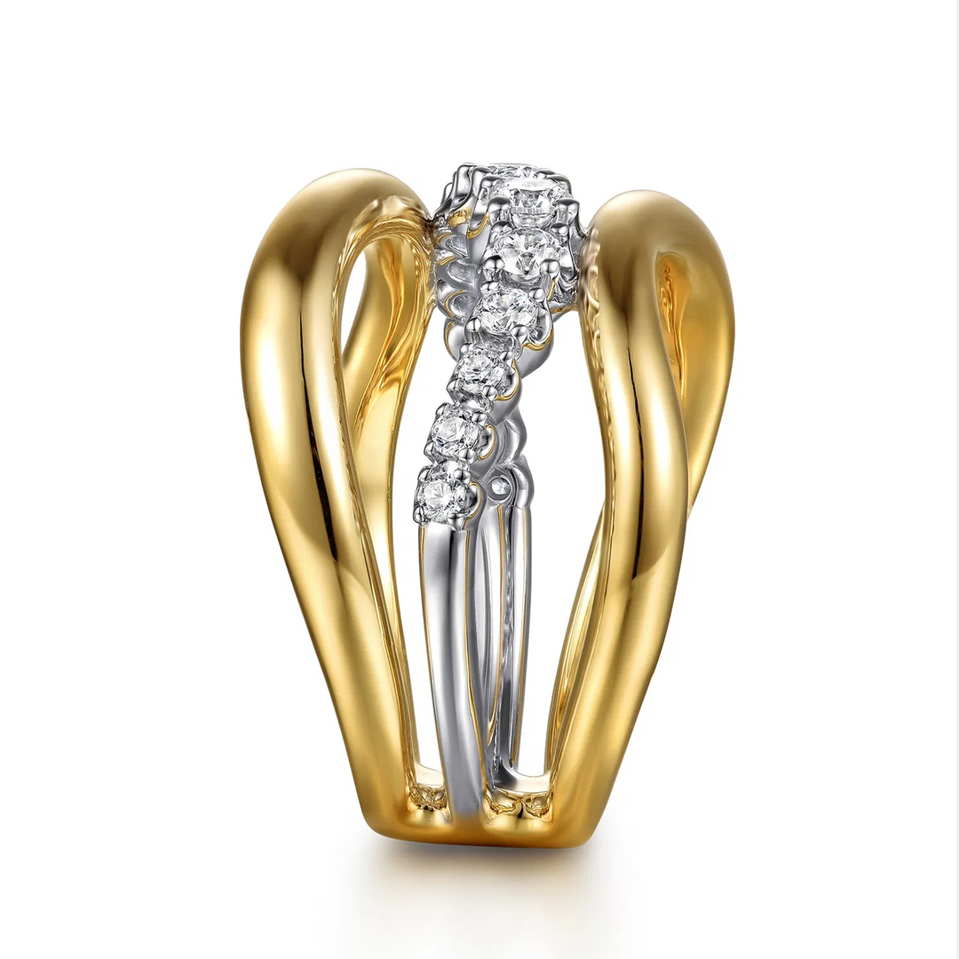 Soraya - 14K White Yellow Gold Diamond Wave Wide Band Ring