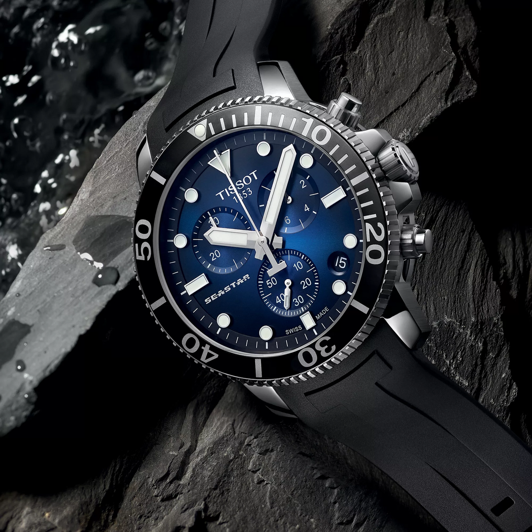 Seastar 1000 Chronograph 45.5MM Blue Dial with Black Rubber Strap Watch