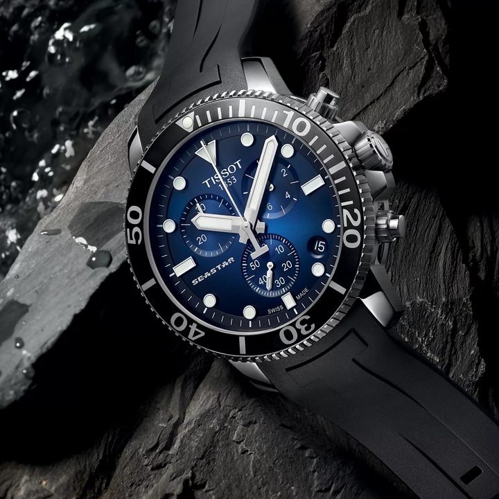 Seastar 1000 Chronograph 45.5MM Blue Dial with Black Rubber Strap Watch