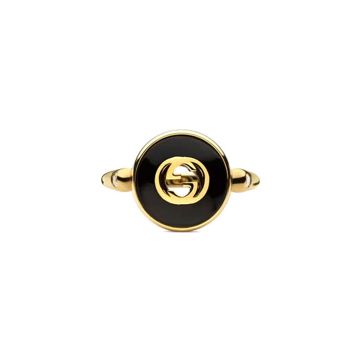 Interlocking G Yellow Gold Ring with Black Onyx and Diamonds