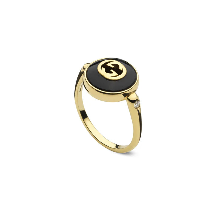 Interlocking G Yellow Gold Ring with Black Onyx and Diamonds