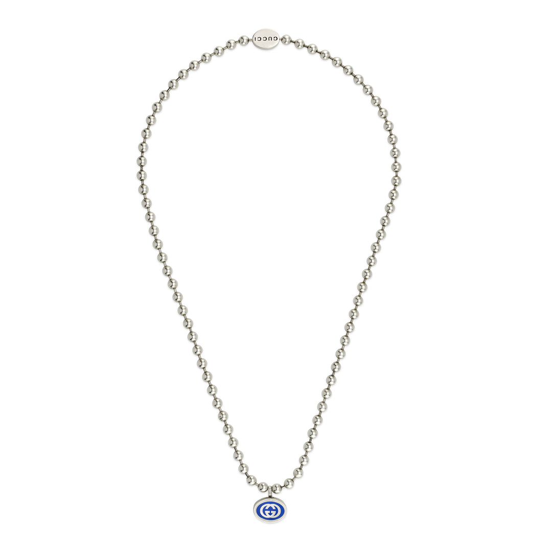 YBB75343800100|GUCCI |BOULE |Silver Necklace with Blue Enamel Logo (45cm)