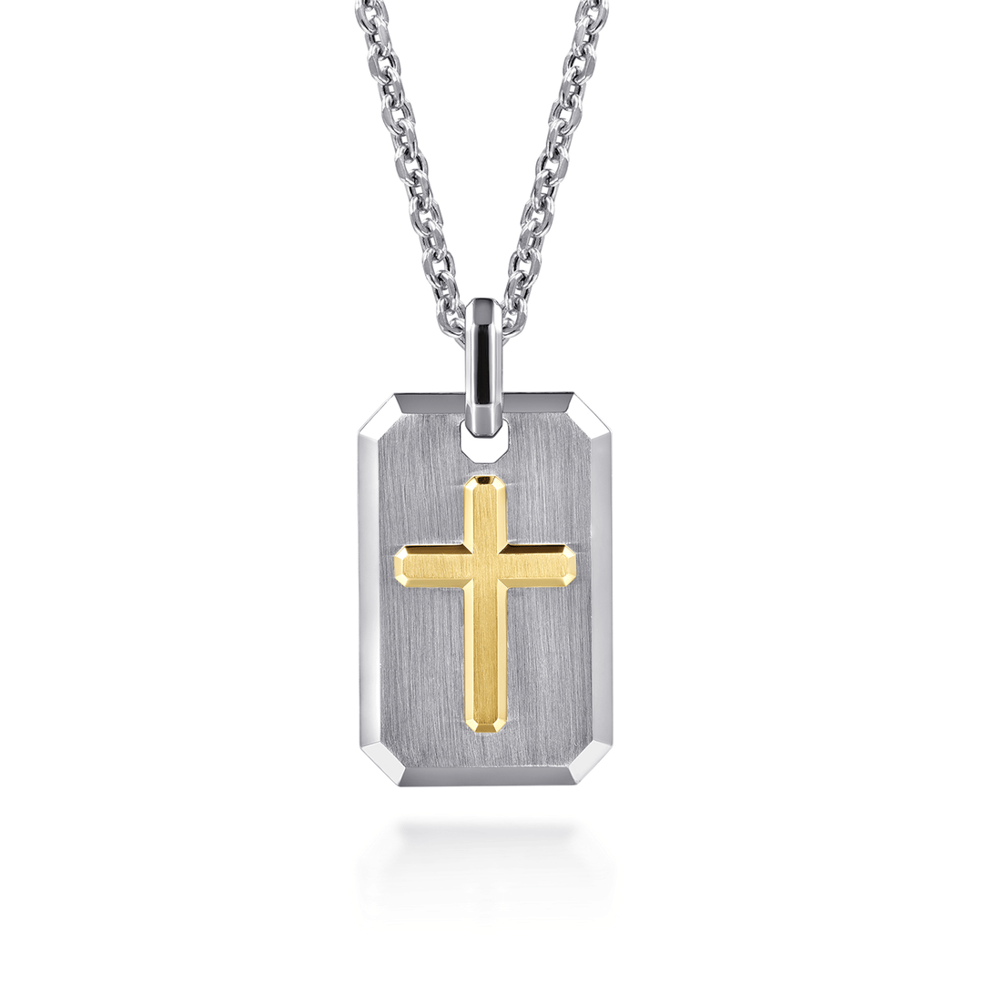 Silver and Yellow Gold Dog Tag with Cross Pendant Necklace