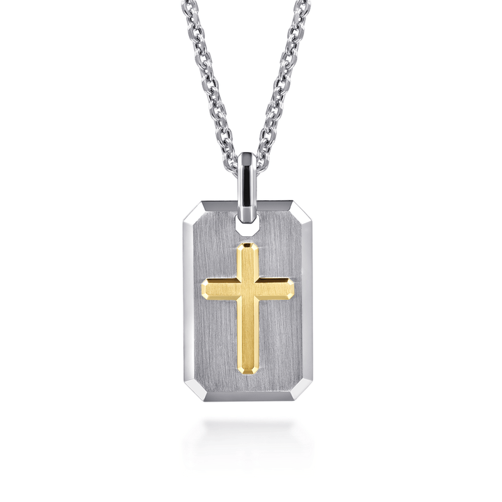 Silver and Yellow Gold Dog Tag with Cross Pendant Necklace