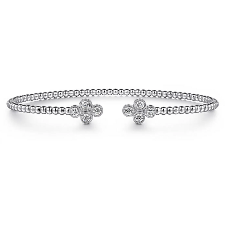 White Gold Bead Split Cuff Bracelet with Quatrefoil Diamond Endcaps