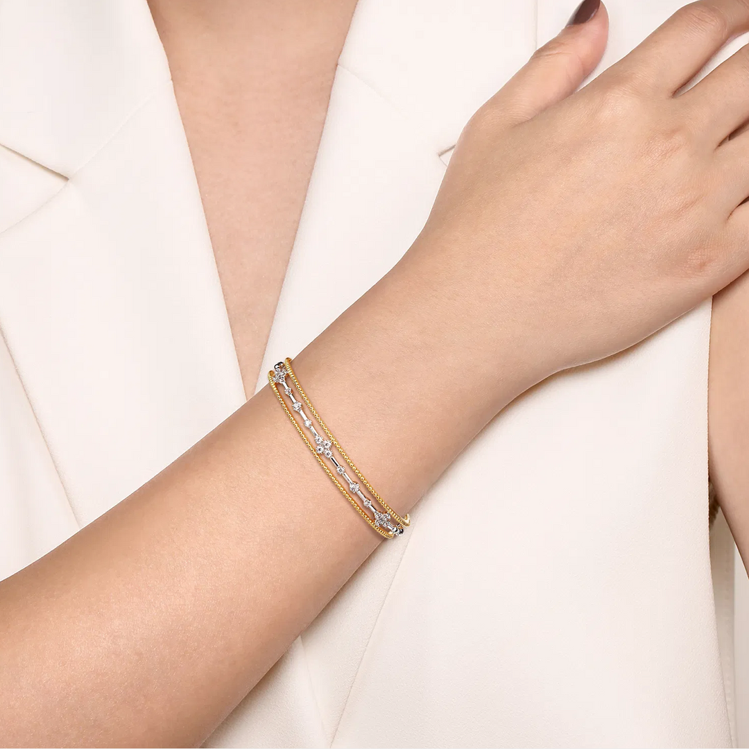 White and Yellow Gold Beaded Diamond Cuff Bangle Bracelet