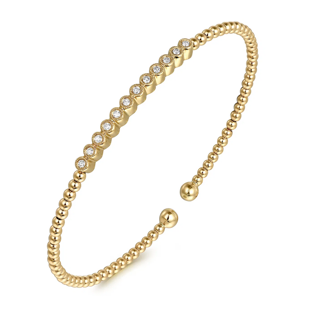 Yellow Gold Beaded Bangle Cuff Bracelet with Diamonds - Lock