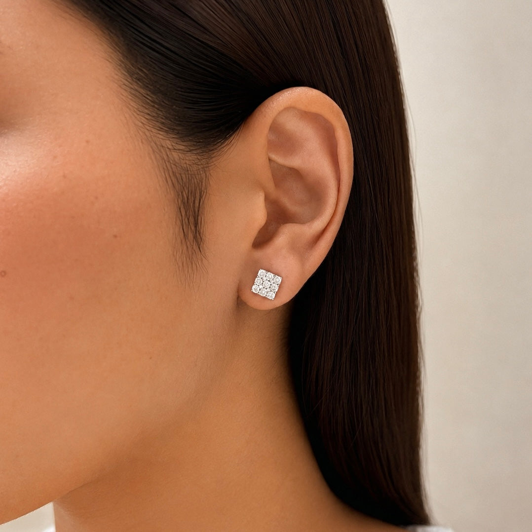 Square White Gold Stud Earrings