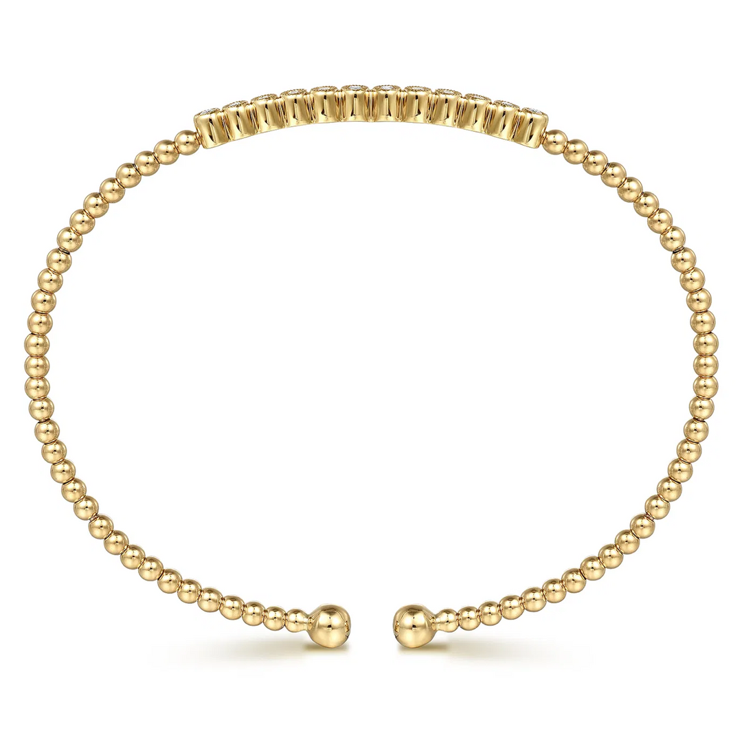 Yellow Gold Beaded Bangle Cuff Bracelet with Diamonds - Lock