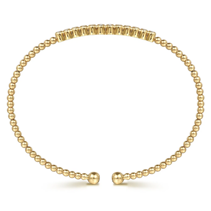 Yellow Gold Beaded Bangle Cuff Bracelet with Diamonds - Lock