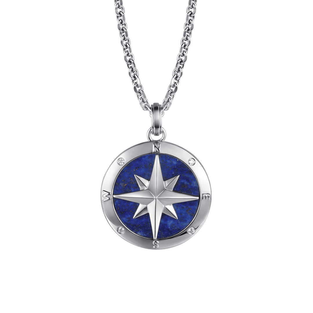 Silver Diamond and Lapis Compass Pendant Necklace