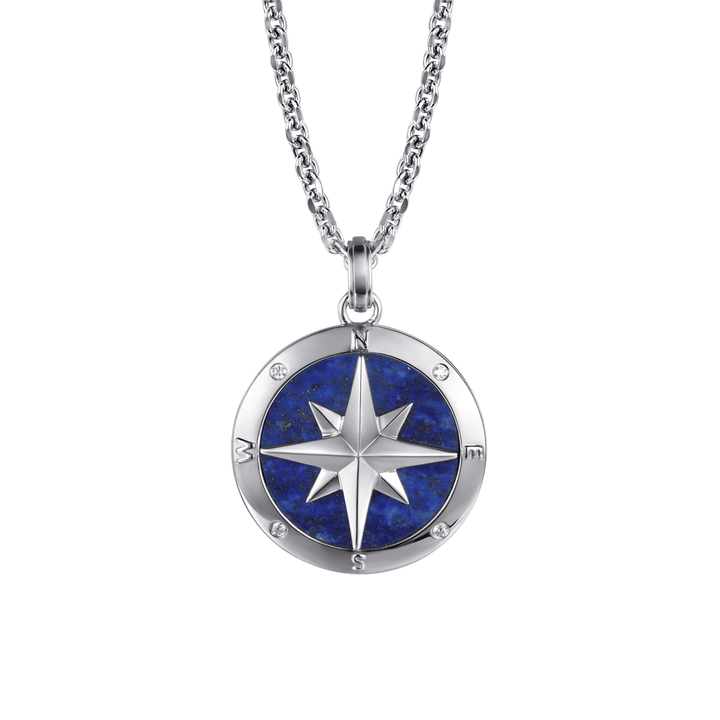 Silver Diamond and Lapis Compass Pendant Necklace