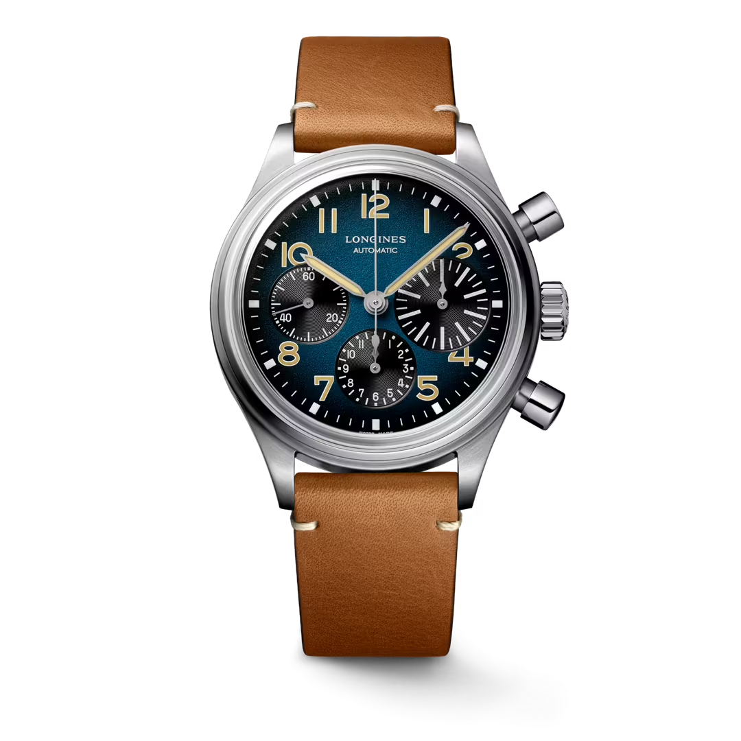 L28161932 | Longines | Avigation Bigeye 41mm Titanium case, Brown Strap, Blue Chrono Arabic Dial; Automatic