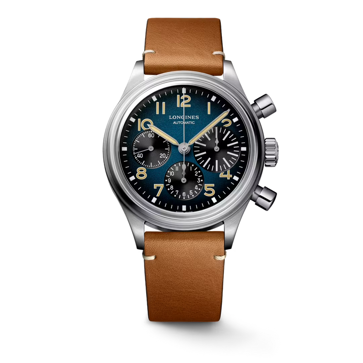 L28161932 | Longines | Avigation Bigeye 41mm Titanium case, Brown Strap, Blue Chrono Arabic Dial; Automatic