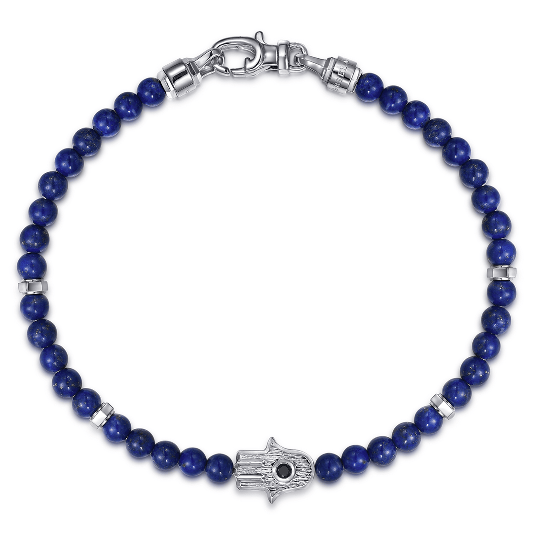 Silver and Lapis Mens Bracelet with Black Spinel Hamsa