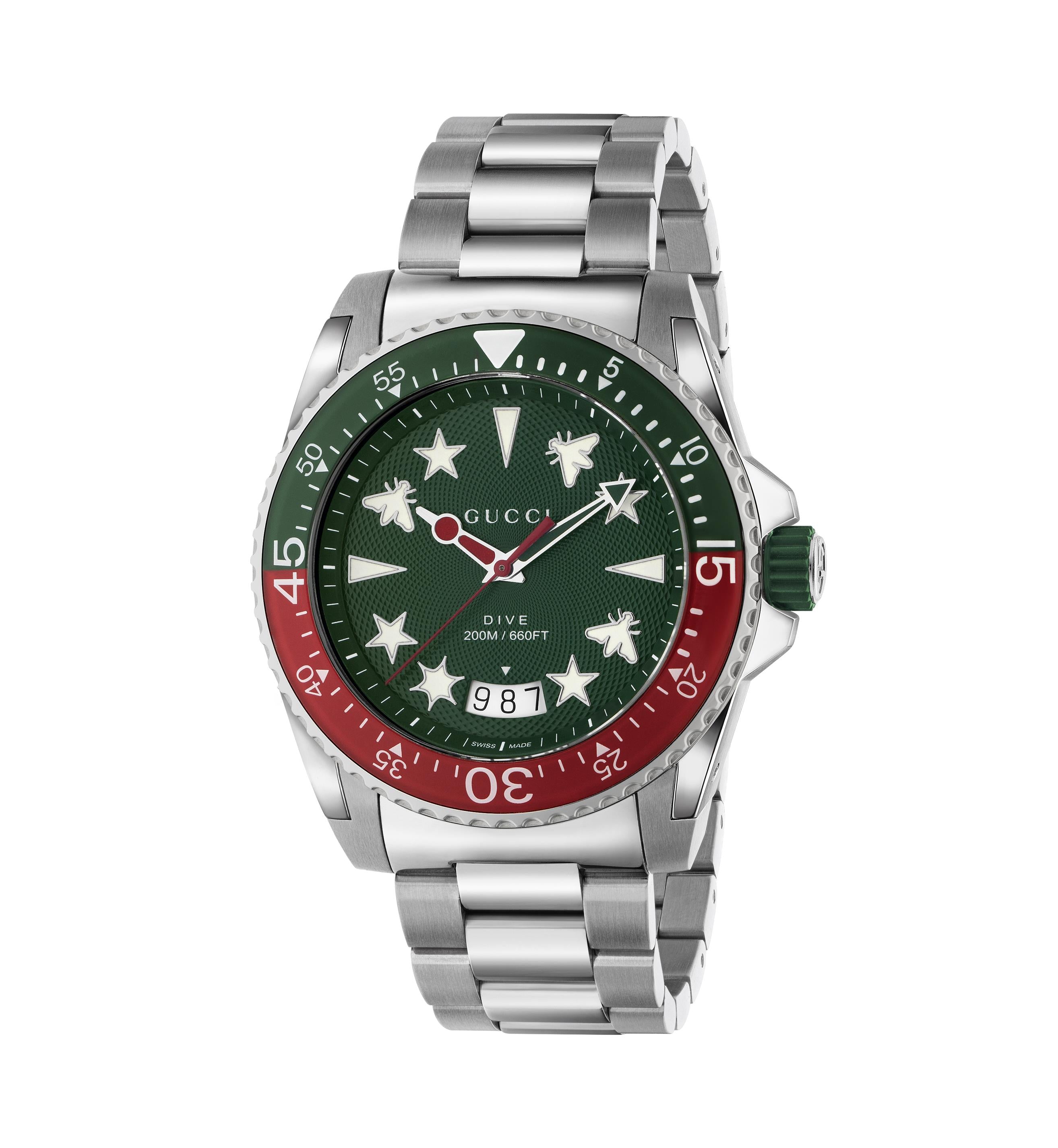 GUCCI 腕時計 1502L YA136222|GUCCI |DIVE |XL Steel Watch; Green Dial; Red/Green Bezel