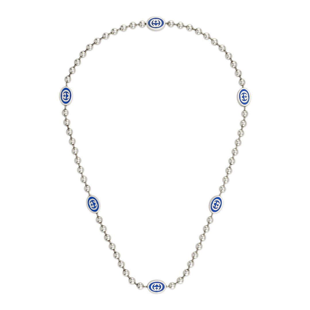 YBB75344800100|GUCCI |BOULE |Silver Necklace with Blue Enamel Logos (50cm)