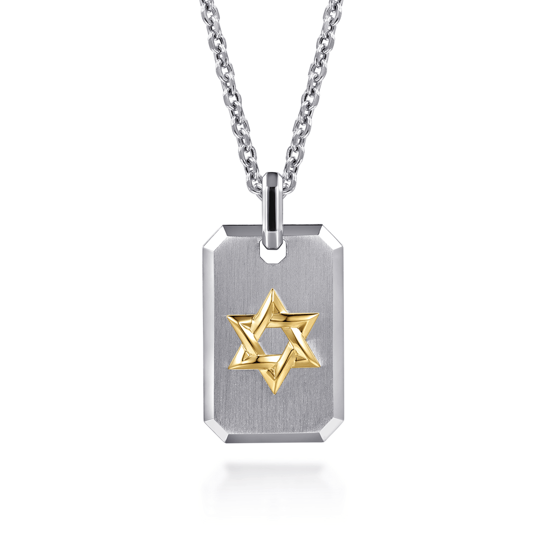 Silver and Yellow Gold Dog Tag with Star of David Pendant Necklace