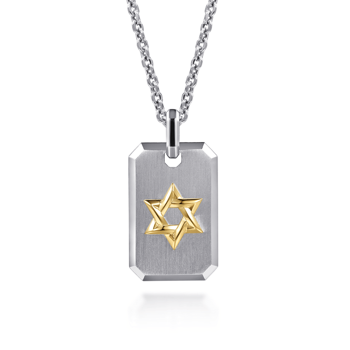 Silver and Yellow Gold Dog Tag with Star of David Pendant Necklace